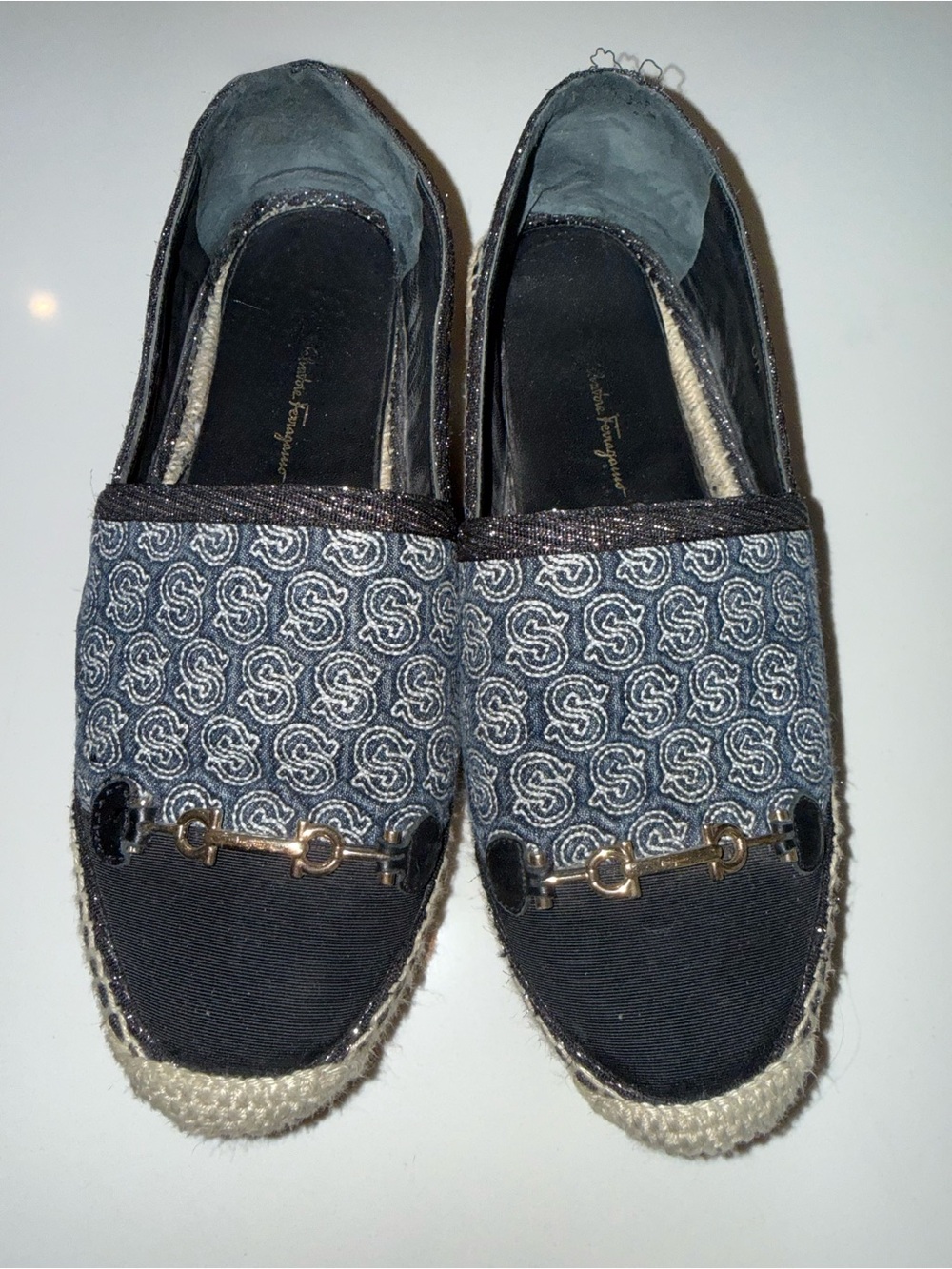 Salvatore Ferragamo Navy Patterned Canvas Espadrille Loafers with Gold Bit